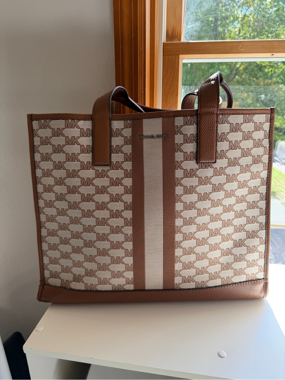Michael Kors Brown and Cream MK Signature Stripe Tote
